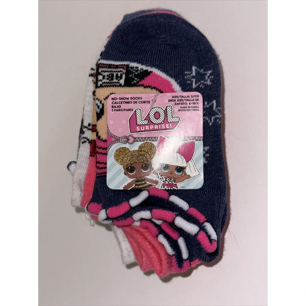 LOL Surprise Girls No-Show Socks 5 Pair Pack Navy Purple Stars Size S 6-10.5‎